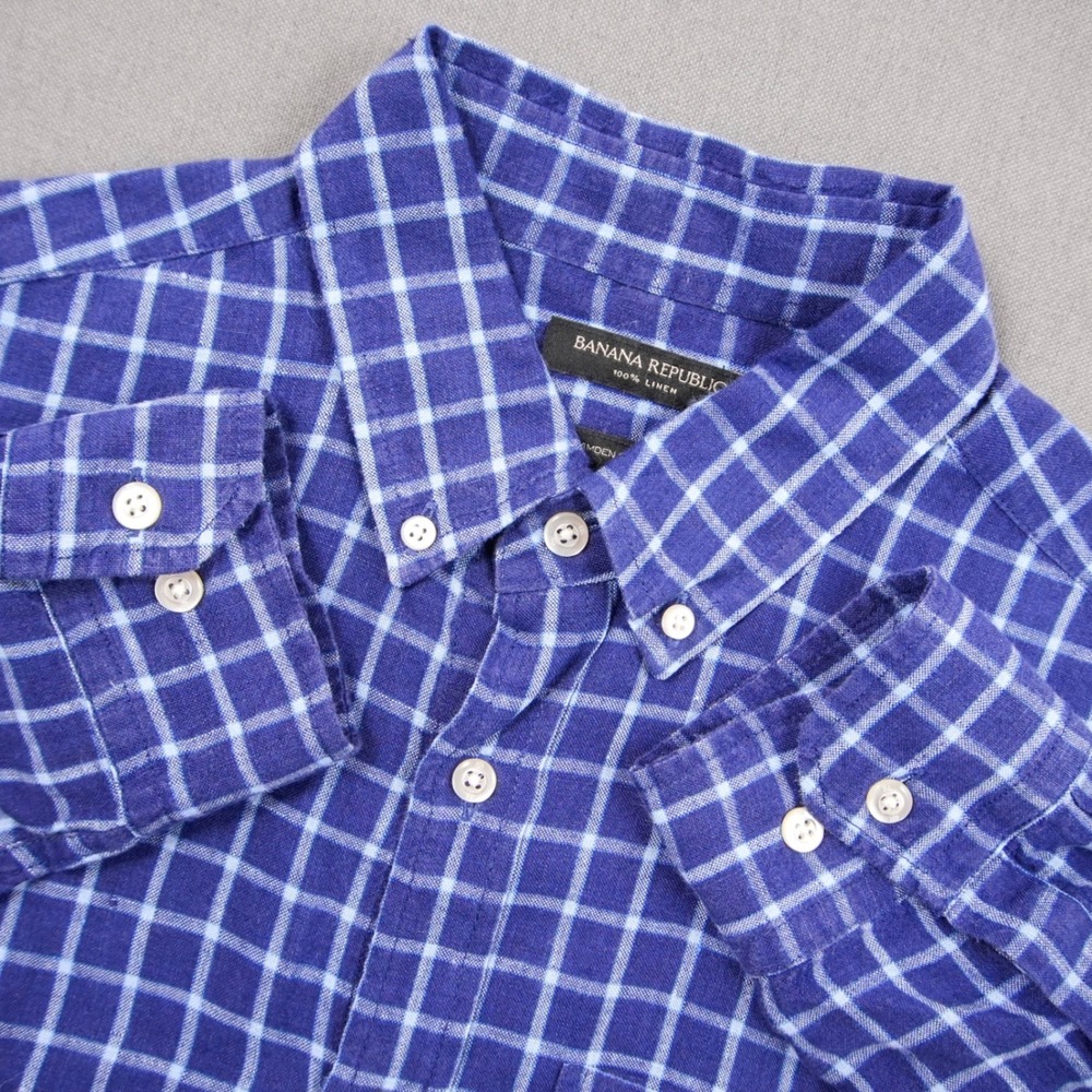 Banana Republic Linen Gingham Mens Camden Standard Fit Blue Button Down Shirt M